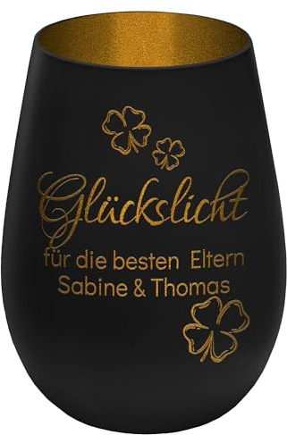 Windlicht mit Gravur Glückslicht - personalisierbar mit Wunschtext - Schwarz/Gold - Höhe 12 cm - Geschenk Teelichthalter Kerzenglas
