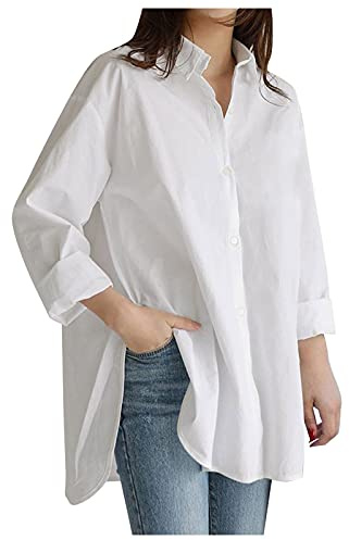 Nidddiv Solid Colour Shirts for Women UK Long Sleeve Lapel Shirt Button Down Loose Ladies Blouses Lightweight Casual T Shirts Baggy Long Shirts Soft Overshirt Shirt Coats Summer Thin Jackets White