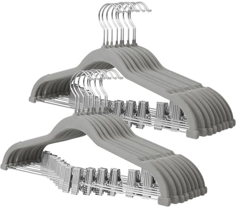 ManGotree Cintres pour Pantalons avec Pinces Mobiles, cintres en Velours antidérapants, cintres Peu encombrants pour Chemises, Pantalons, Robes, Jupes, Manteaux (18 Paquets, Gris)
