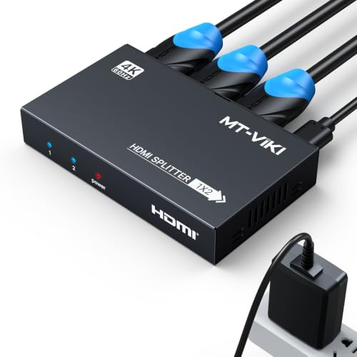 MT-VIKI 1x2 2.0 HDMI-splitter 1 in 2 ut, 4K@60Hz HDMI-duplikator/distributör HDR-stöd EDID HDCP 2.2 RGB 4:4:4 18Gbps-adapter medföljer