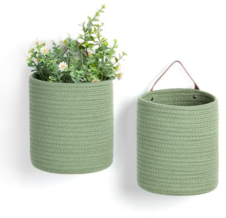 DULLEMELO Hanging Basket with Handle, Set of 2 Small Rope Hanging Wall Baskets for Decor, 7 X 8 Inches Woven Fern Hanging Storage Basket for Organizing (Green)