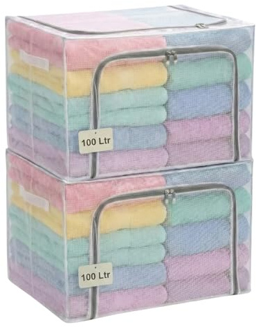 FALINGO Faltbare Aufbewahrungsboxen Faltboxen Aufbewahrungstaschen 2 x 100 Ltr stabiler Metallrahmen stapelbar Reißverschlüsse seitliche Tragegriffe transparent (2 x 60L x 42B x 40H cm)
