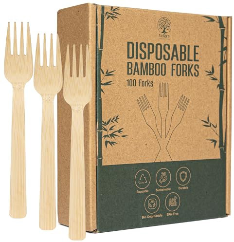 High-End Disposable Bamboo Forks, 100-Count Set; BPA Free Splinter-Free Biodegradable & Ethically Sourced Compostable Cutlery Perfect for Appetizers and Cocktails - Bamboo Forks Disposable