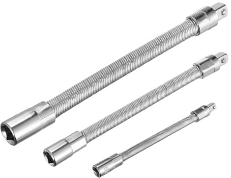 sourcing map 1/4 3/8 1/2 Drive Socket Extension Bar Set Spring Steel Chrome Plating Flexible Extension-Bar Set Universal Joint Socket Extensions Silver 3-Piece Set
