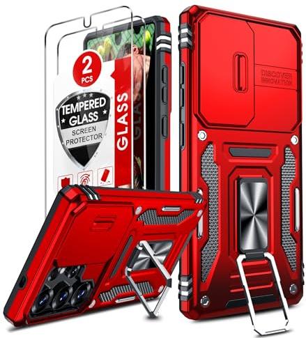 LeYi for Samsung Galaxy S25 Ultra Phone Case with Camera Cover Slider Red | and 2 Tempered Glass Screen Protector, Ring Stand Holder, Tough Armour Cover Hard Heavy Duty Case, Red