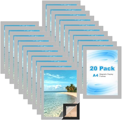 DAJAVE 20 Pcs A4 Magnetic Frame, Self Adhesive Magnetic Picture Frame A4 Magnetics Photo Frames Silver Magnetics Photo Frames for License, Photos, Documents, Notices