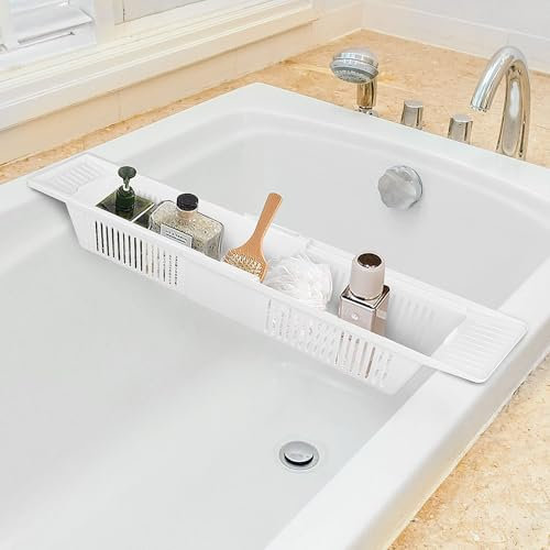 Bathroom Basket 57-86cm Plastic Bathtub Caddy Tray Adjustable Expandable Drain Bath Shelf Caddy Tray Storage Rack Bathtub Rack Toy Storage Shower Storage Rack for Candle Towel Book Wine Phone