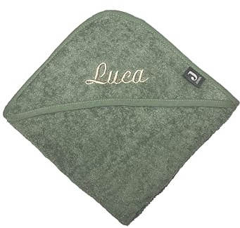my-mosaik Kapuzenhandtuch - Badetuch mit Namen Bestickt 100x100 cm für Babys und Kinder - aus 100% hochwertiger Frottee Baumwolle - personalisiert mit Namen/inklusive Bestickung (Ash Green)