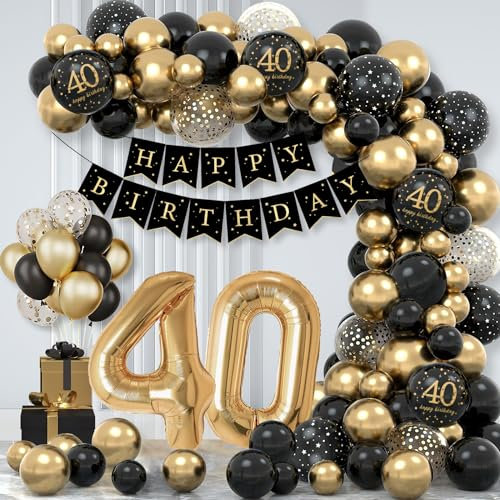 40. Geburtstag Deko für Männer Frauen, 69Pcs Schwarz und Gold Geburtstag Party Dekoration Set - 32Inch 40. Luftballon, Happy Birthday Banner, Schwarz Gold und Konfetti Luftballons