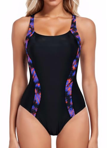 iSLASISIA Badeanzug Damen Sport mit Cups Einteilige Bademode Shape Badeanzug Damen Bauchweg（DC,EU44）