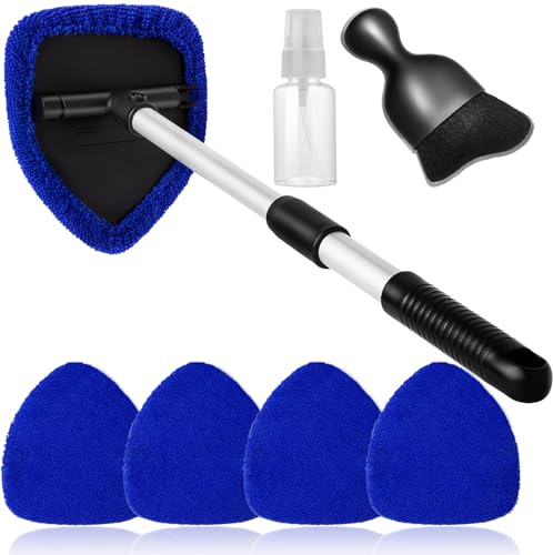 Qydipclin 7pcs Windshield Cleaner Tool Car Window Cleaning Wash Kit with 4 Reusable Microfiber Pads 1 Spray Bottle and Extendable Handle Auto Glass Wiper Kit, Blue