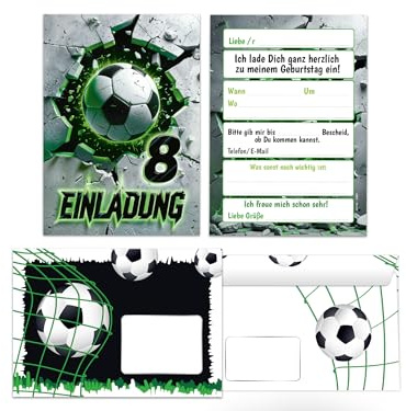 Junaversum 12 Einladungskarten inkl. 12 Umschläge zum 8. Kindergeburtstag Fußball Fussball Kinder Jungen coole bunte Einladungen achte Geburtstag Geburtstagseinladungen Kids