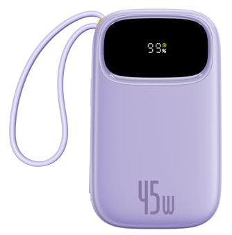Baseus Powerbank 45W 20000mAh con 2 Cavi USB-C Integrati, Ricarica Rapida Power Bank PD3,0 QC4,0, 3 USB-C, 1 A, Caricatore Portatile per iPhone 16/15/14 Pro Max, iPad, Samsung, Viola