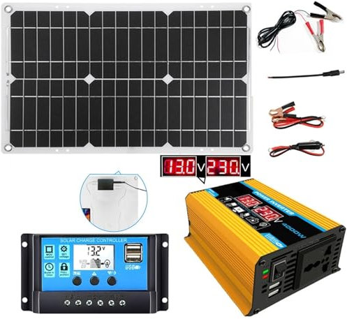 ZQIRUIQZ 4000W Complete Solar Generator Kit 12V To 110V/220V Inverter With 30A Controller And 18W Solar Panel For Home Backup, RV, Off-Grid Power System(Yellow,12V-110V)