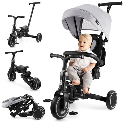 HyperMotion 8-in-1 Dreirad ab 1 Jahr mit Schubstange, 360° drehbarer Sitz, klappbar, höhenverstellbar, Eva Räder, Sonnendach, Gurt, Lenker, faltbar - TOBI Forest (Grau)