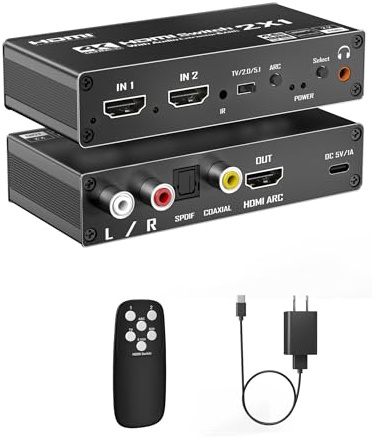 HDMI Switch eARC Audio Extractor, 4K@60hz HDMI Audio Splitter with Remote, Support 7.1 Channel Audio/Optical Toslink SPDIF/Coaxial Converter HDR (Black)