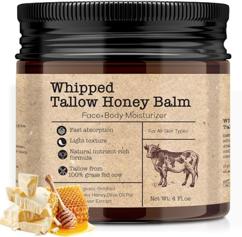 Beef Tallow Skincare Creme, 100% Gras Gefüttert Rindertalg Bio, Natürlicher Honig & Bienenwachs Feuchtigkeitscreme für Gesicht & Körper, Tiefe Hydratation Whipped Tallow Balm