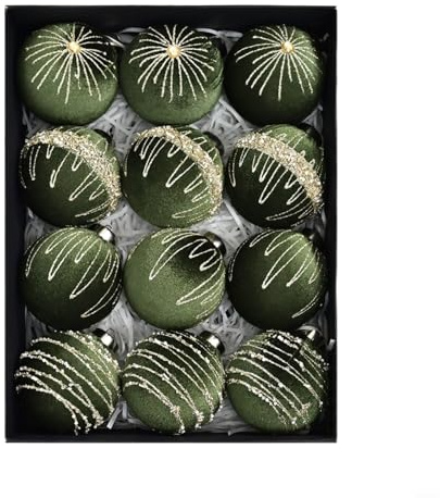 GANCEI Samt-Weihnachtskugeln, 8 cm, Weihnachtskugeln mit verschiedenen Mustern für elegante Urlaubsdekoration für festliche Präsentation (Olivgrün), 12 Stück