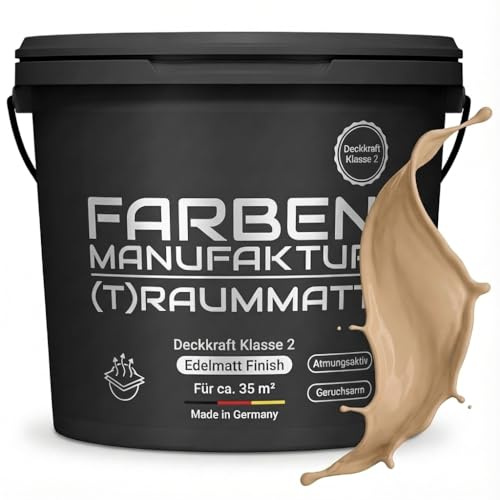 Farben Manufaktur Wandfarbe Beige Edelmatt 1-10 L [SEHR DECKEND] für ca. 35 m² – Atmungsaktive Innenwandfarbe – Schnelltrocknende Innenfarbe - Dispersionsfarbe Beige 5L