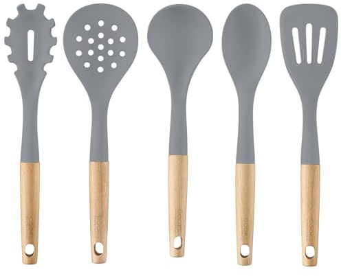 Cooks Professional 5 Piece Silicone Utensil Set | Grey | Durable Kitchen Cooking Spoons, Ladle & Spatula Tools with Heat-Resistant Wooden Handles & Non-Toxic Heads | Gentle on Cookware