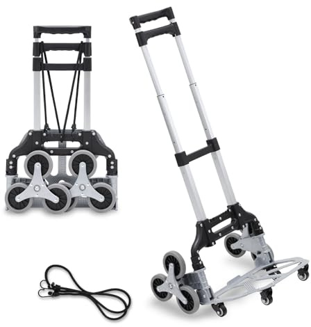 Peviasot Sackkarre Treppensteiger Treppensackkarre klappbar, Treppenkarre für Treppen mit Sternrädern, höhenverstellbarer Griff, Anti-Rutsch Ladefläche, 4 schwenkbare Rollen, Aluminium Handkarre