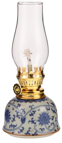 Housoutil Blue and White Porcelain Lamp Vintage Oil Lamp for Table Ceramic Home Decoration Light for Tea Room Reading and Camping Decorative Table for Holidays and Special Occasions