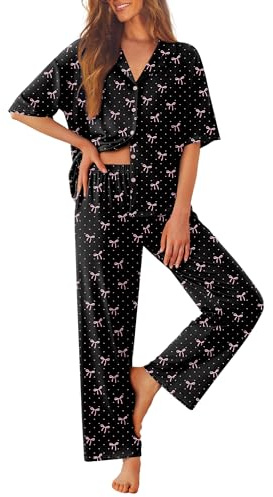 Ekouaer Women Pajamas Set Button Down Sleepwear Short Sleeve Pjs Soft Comfy Nightwear with Long Pants,Black Pink Bow,L