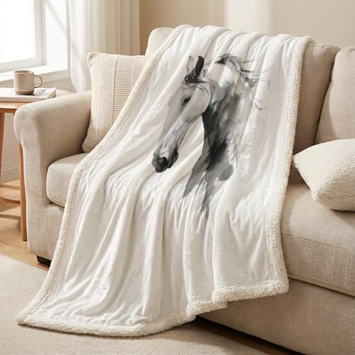Kuscheldecke Fleecedecke Sherpa Fleece – 80 x 150 cm, Doppelseitig, Ultraweich & Warm, Leicht, Mikrofaser, Für Bett, Sofa & Couch, Ganzjährig, Weiß, Einfach Tuschezeichnung Pferd