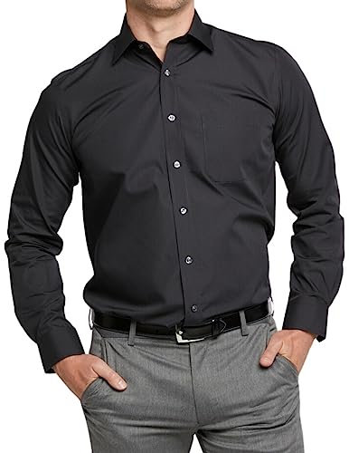 Double TWO Men's Long Sleeve Plain Formal Shirt Non Iron Classic Fit Business Dress Shirt - Black, 15.5in Collar