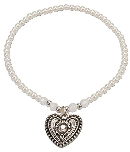 Alpenflüstern Filigran Perlen-Trachten-Armband Trachtenherz - Damen-Trachtenschmuck mit antik-Silber-farbenem Trachten-Herz, elastische Trachten-Armkette, Perlenarmband Creme-weiß DAB055