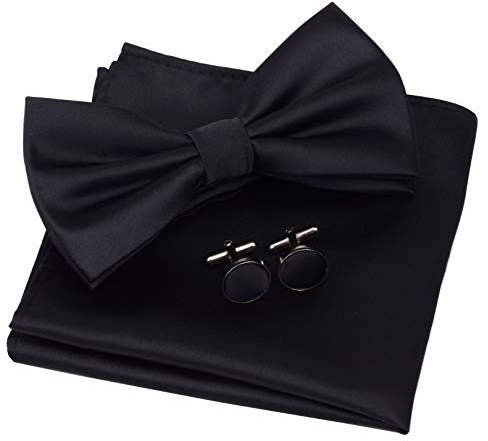 GUSLESON Mens Plain Color Black Pre-tied Bow Tie and Pocket Square Cufflink Set for Wedding (0570-07)