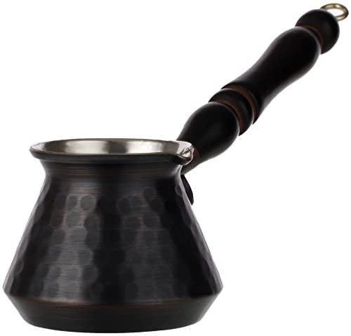 DEMMEX Thickest Turkish Greek Arabic Hammered Copper Coffee Pot Stovetop Coffee Maker Cezve Ibrik Briki with Wooden Handle & Wooden Pot Spoon, for 3 People (Antique Copper)
