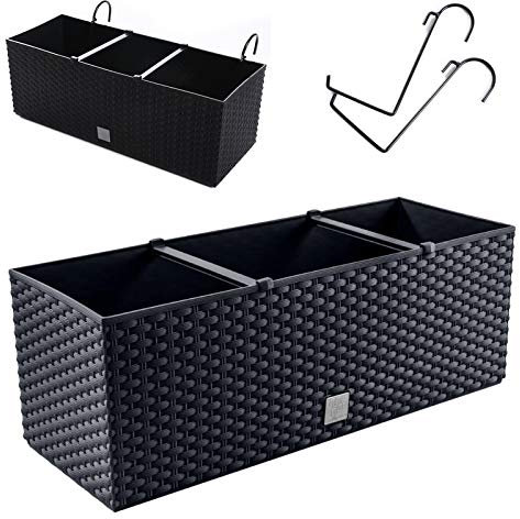 rg-vertrieb Blumenkasten Blumentopf Balkonkasten Geländerkasten Geländertopf 51cm Polyrattan Rattan-Optik Bewässerung mit Halterungen Aufhängung (Anthrazit)