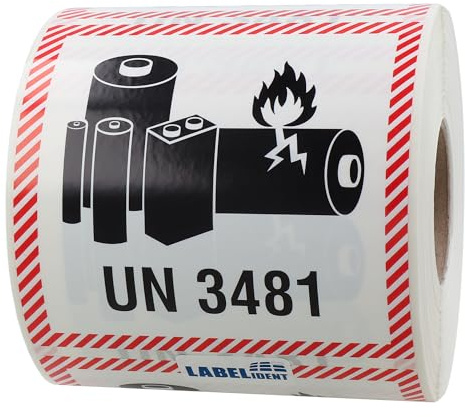 Labelident Lithium-Ionen-Batterien Transportaufkleber UN 3481, 100 x 100 mm, 500 Etiketten aus PE-Folie (Polyethylen) auf Rolle, Gefahrgutaufkleber für Versand