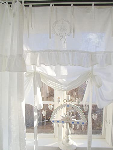 LillaBelle Raff Gardine Lara Weiß 80x120 cm Spitze Volant Bestickt Vintage Landhaus Shabby