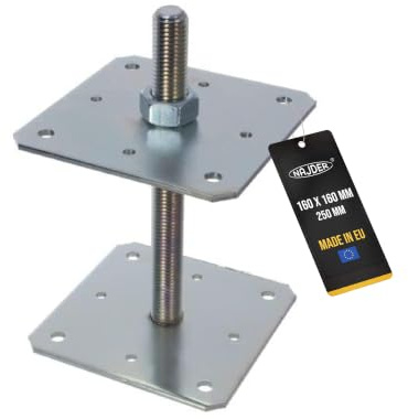 NAJDER Pfostenträger Höhenverstellbar Regulierbar Gewinde M24 mm Bodenfuß Silber Verzinkt Höhenverstellbar Betonfuß Zum Aufschrauben Stützenfuß (160x160x250 mm)