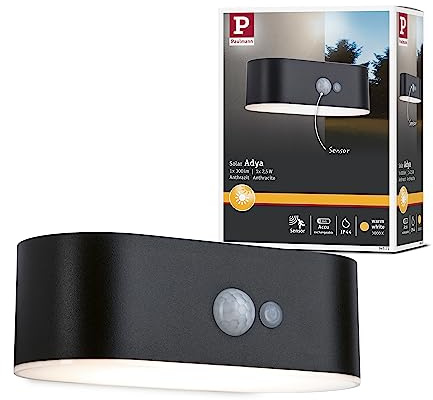 Paulmann 94571 LED Solar Außenwandleuchte Adya mit Bewegungsmelder IP44 incl. 1x2,5 W Warmweiß Schwarz kabellos Kunststoff wiederaufladbar 3000 K