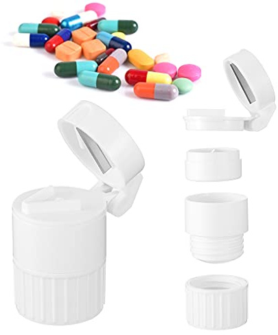 4 in 1 Pill Cutter, Crusher, Storage Box and Water Cup - Travel Multifunctional Organizer Splitter Daily Dispenser for Kids, Men, Women, Elderly (White)