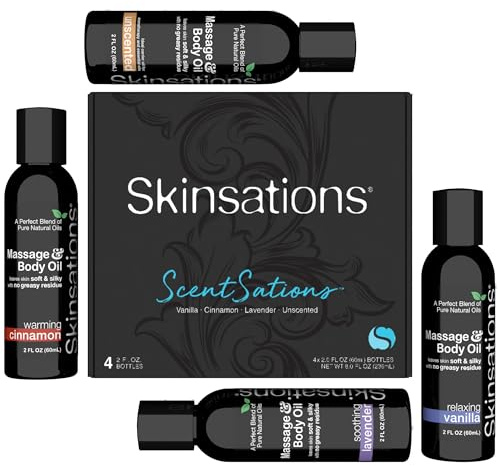 Skinsations – Massage Oil Gift Set – Variety Set for Couples, Travel Size (4 × 2oz) – Lightweight, Non-Greasy, Hydrating Body Oils for Relaxation & Gifting – Vanilla, Cinnamon, Lavender & Unscented