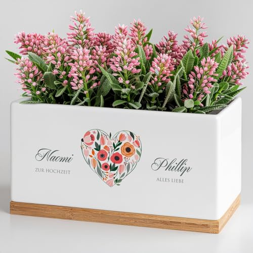 Maverton Keramik Blumentopf mit Untersetzer - Pflanzkübel mit Aufdruck - Übertopf rechteckig - Dekotopf für Paare - zur Hochzeit - zum Hochzeitstag - personalisiert - Weiß - Herz