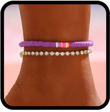 Handcess Boho Doppel-Fußkettchen, Gold-Kristall-Fußkettchen, lila Perlen-Fußschmuck für Frauen und Mädchen