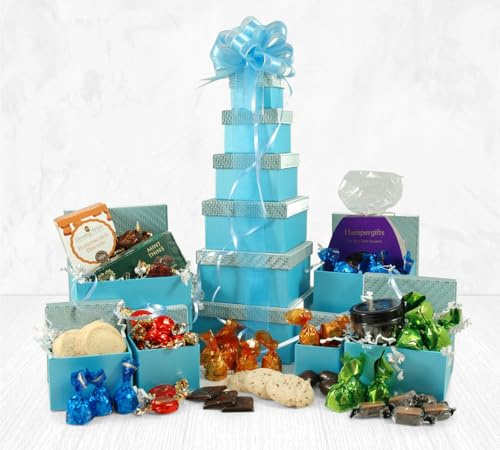 Chocs & Cookies Gift Tower | 41cm 6-Tier Luxury Chocolate Hamper with Award-Winning Biscuits, Buchanan's Fudge & Pralines | Reusable Turquoise Boxes