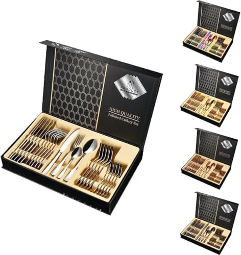 aizee Möbel | Besteck Set für 6 Personen | 24-teiliges Edelstahl Besteckset | Hochglanzpoliert & rostfrei | Spülmaschinenfest & langlebig | Edles Tafelbesteck in Silber mit Geschenkbox