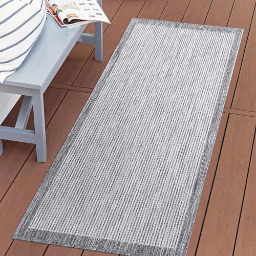 carpet city Tapis d'extérieur résistant aux intempéries – Gris – 80 x 150 cm – Bordure – Tapis de balcon imperméable – Tapis d'intérieur et d'extérieur pour terrasse, jardin, cuisine, salle de bain ou