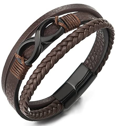 COOLSTEELANDBEYOND Noir Infini Amour Numéro 8 Véritable Trois Brins Brun Tressé Cuir Bracelet pour Hommes et Femmes