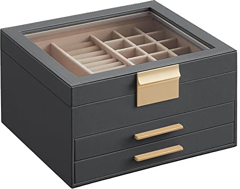 SONGMICS GISELLA Collezione - Scatola Portagioie con Coperchio in Vetro, 3 Livelli, Porta Gioielli con 2 Cassetti, Moderno, Idea Regalo, Grigio Ardesia e Dorato, 20,3 x 23,1 x 13,5 cm JBC239G02