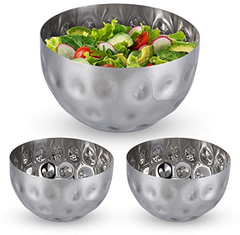 Relaxdays 3X Ciotola da Portata, Insalatiera Ø 15 cm, Design Martellato, Scodella in Acciaio Inox, H x D: 8,5 x 15 cm, Argento