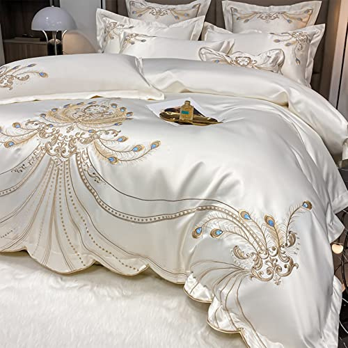 QQXX Luxury Embroidery Duvet Cover Set,Jacquard Silk Bedding Set,Cozy Breathable Microfiber Comforter Cover Set with Zipper Closure and Corner Ties for All-SeasonTies(King, White)