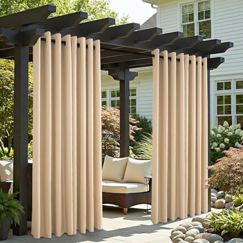 Clothink 2er Set Outdoor Vorhang Wetterfest Mit Ösen, Outdoorvorhänge Wasserdicht Outdoor Gardinen Sonnenschutz Sichtschutz für Balkon Pergola Terrasse Veranda (132x215cm, Beige)