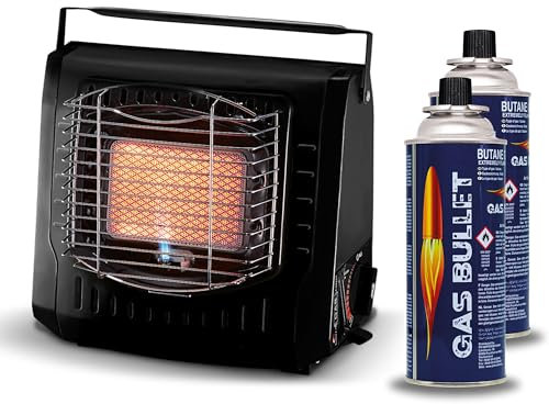 Gas Bullet ® Keramik Gasheizung 2 kW - Effizienter Gasstrahler für Camping, Outdoor & Wohnwagen-Standardisiertes Bajonett Ventil 227g-Flammenregler, Piezo-Zünder (Gasheizung)